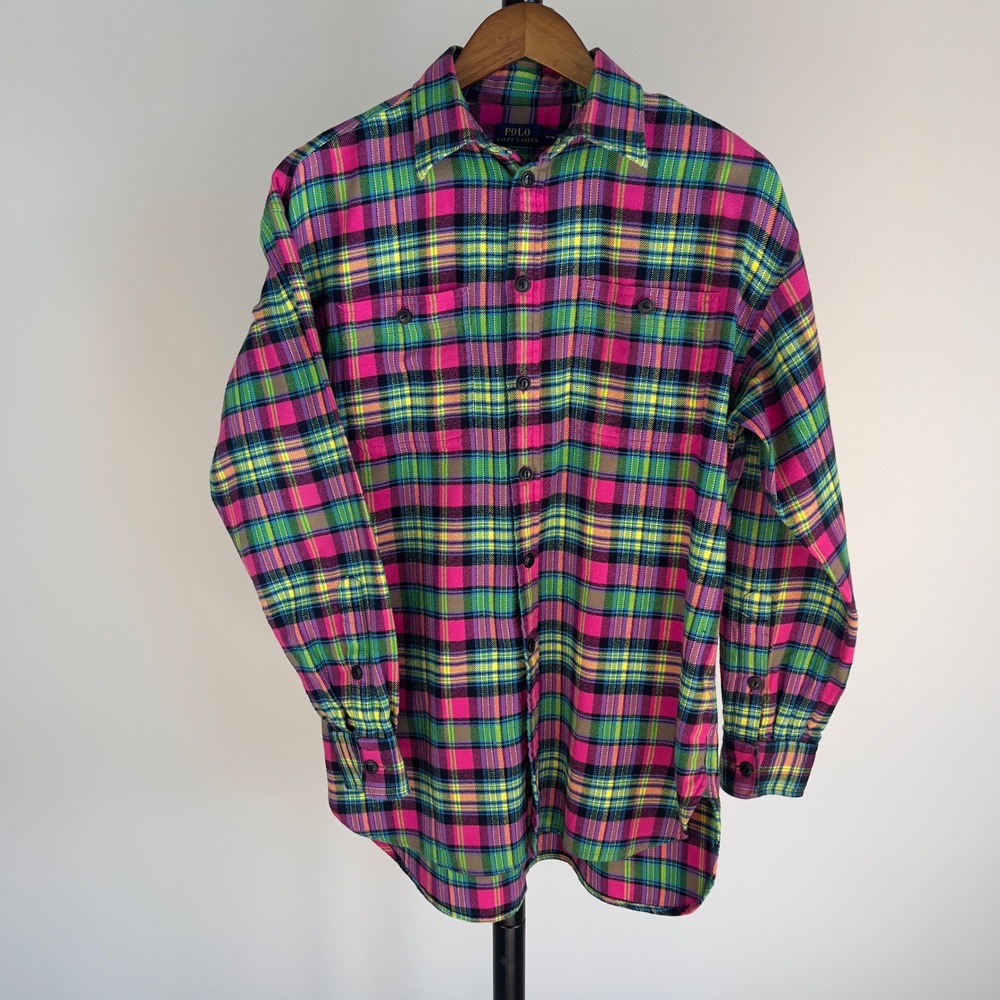 Polo Ralph Lauren Neon Pink Green Plaid Flannel Button Down Shirt Medium